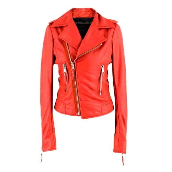 Balenciaga Designer Luxury Red Leather Moto Jacket- Small - Picture 3 of 15